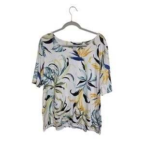 Chico's Floral Print Elbow Sleeve Boat Neck Top White Multicolor XL